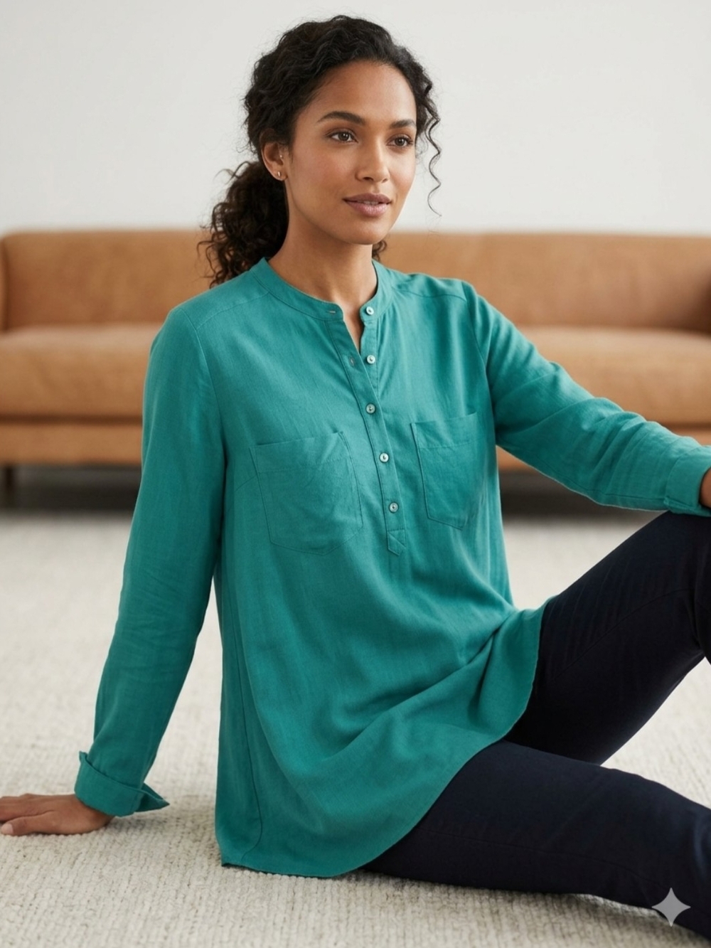 Eileen Fisher Silk Georgette Crepe Popover Shirt Tunic Top Mandarin Collar XS